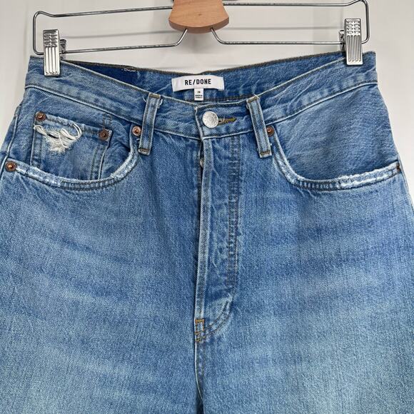 Re/Done Blue High Waisted 70s Ultra Stove Pipe Raw Hem Straight Leg Jeans Sz 28 - Picture 4 of 7